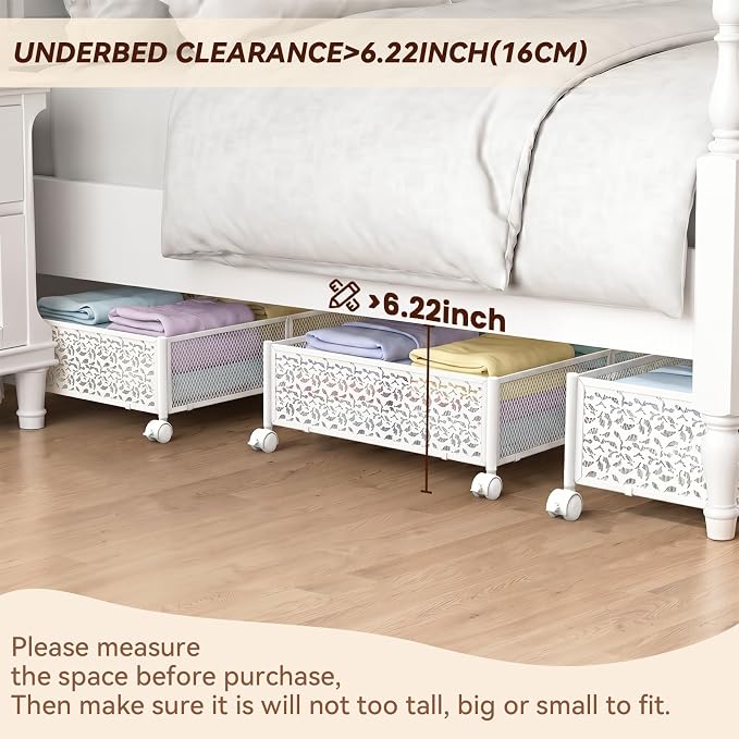 Under Bed Storage, Under the Bed Storage Containers with Wheels, Under Bed Shoe Storage Organizer Drawer, Tool-free Assembly Metal Underbed Storage for Bedroom Clothes Shoes Blankets-2 Pack White