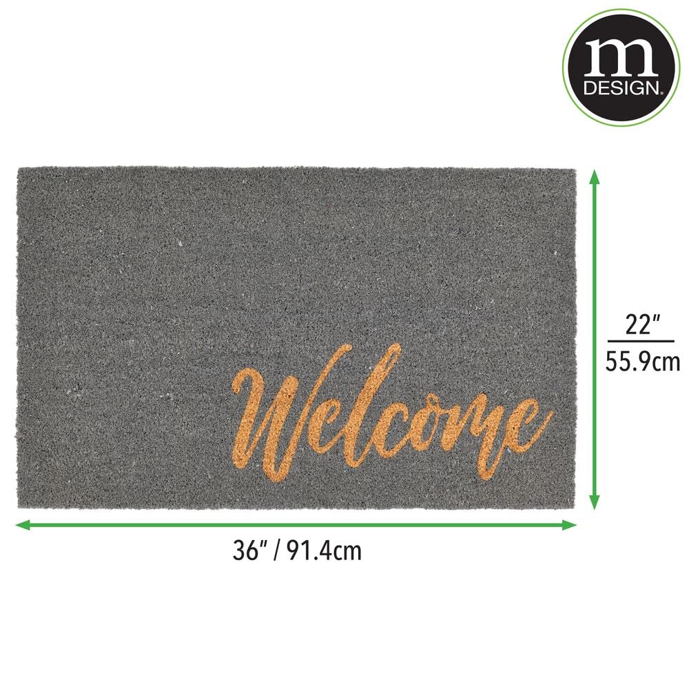 mDesign Rectangular Coir and Rubber Entryway Welcome Doormat with Natural Fibers for Indoor or Outdoor Use - Decorative Script Welcome Design - 36" x 22" - Natural/Gray