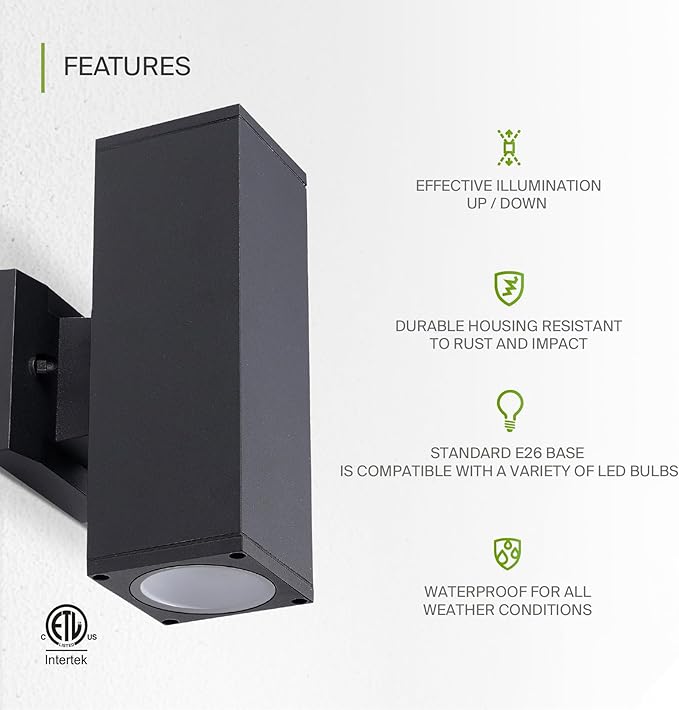 ASD 2 Light Square Outdoor Wall Light Fixture | 120W E26 Socket 120V ETL Cylinder Up Down Lights | LED/CFL/Incandescent Bulb Exterior Wall Sconce | Front Door, Porch, Patio Lighting | Black