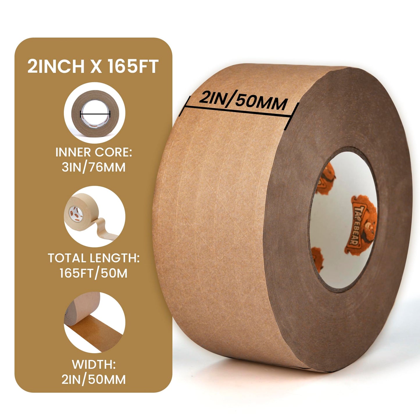 TAPEBEAR Water Activated Tape, Fiber Reinforced Gummed Tape 2inch x 165ft, Eco-Friendly Kraft Paper Tape Biodegradable Brown Packing Tape for Security Sealing, Heavy Duty Packaging and Shipping