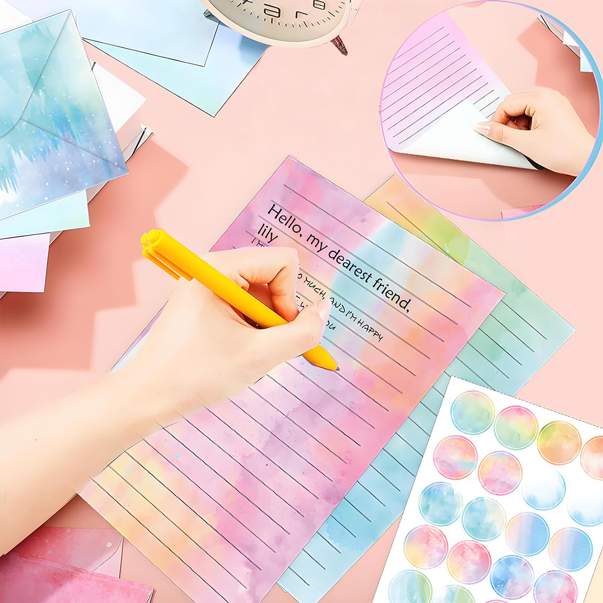 FUNCLASS Stationary Letter and Envelopes, 160 Pcs Watercolor Stationary Set with 50 Lined Stationery Paper 50 Envelopes, 5.5 x 8.25 Inches Cute Stationary, Gifts for Kids, Girls
