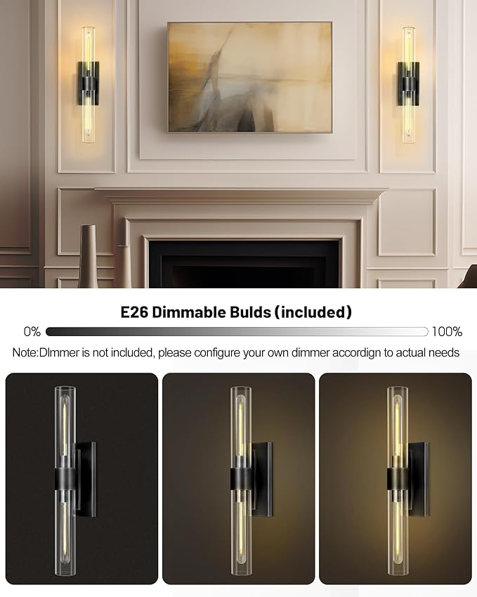 Bronze Vanity Light Sconce, 2-Light Bathroom Wall Sconce Over Mirror, Black Vanity Lights for Bathroom, Dimmable Wall Sconces with Glass Tube, Indoor Linear Wall Sconce for vertical and horizontal