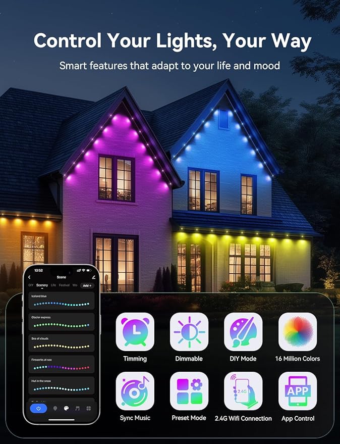 Permanent Outdoor Lights for House, RGB+IC IP67 Waterproof Smart Eave Lights 200ft with 144 LED, Eternity Lighting for Holiday Daily Decor, Work with Remote, APP