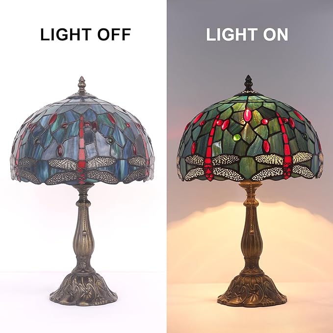 Tiffany Table Lamp Stained Glass Bedside Table Lamp Desk Reading Light 12 Inches Bedroom Living Room Home Office Decor Lamp（Red Dragonfly）