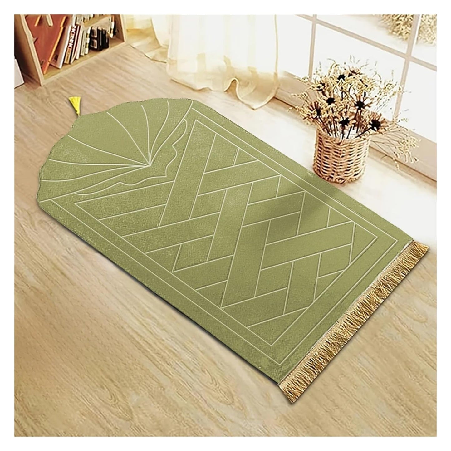 Thickened Sponge Prayer Mat with Tassel Embossed Prayer Mat Soft and Easy to Carry Can Be Used in Many Scenes(Green)