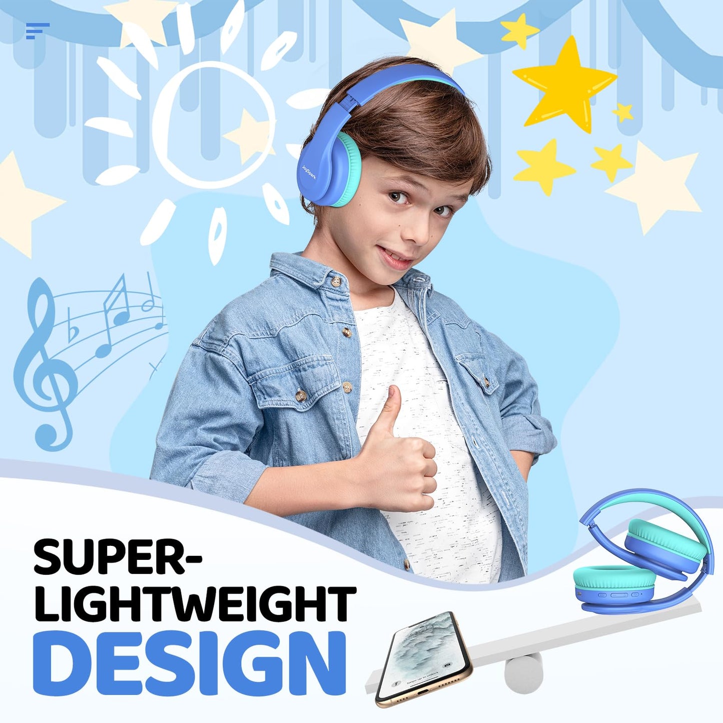 JoySpark Kids Bluetooth Headphones, Lightweight Wireless Headphones for Kids, 85/94dB Volume Limited, 60 Hours Playtime, Bluetooth 5.3, Over-Ear Toddler Headsets with Built-in Mic-Blue