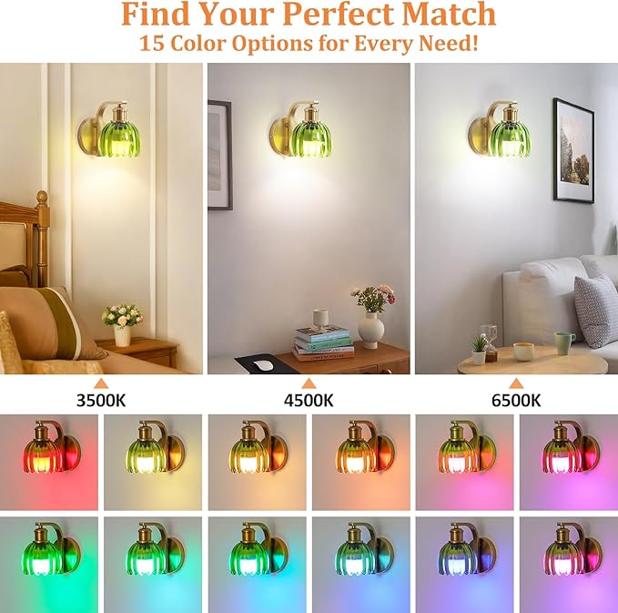 Rechargeable Battery Operated Wall Sconce with Green Glass Lampshade, Wireless Wall Scone Decor with Remote Control, 15 Colors Gold Wall Light for Bedside Hallway Bedroom Doorway