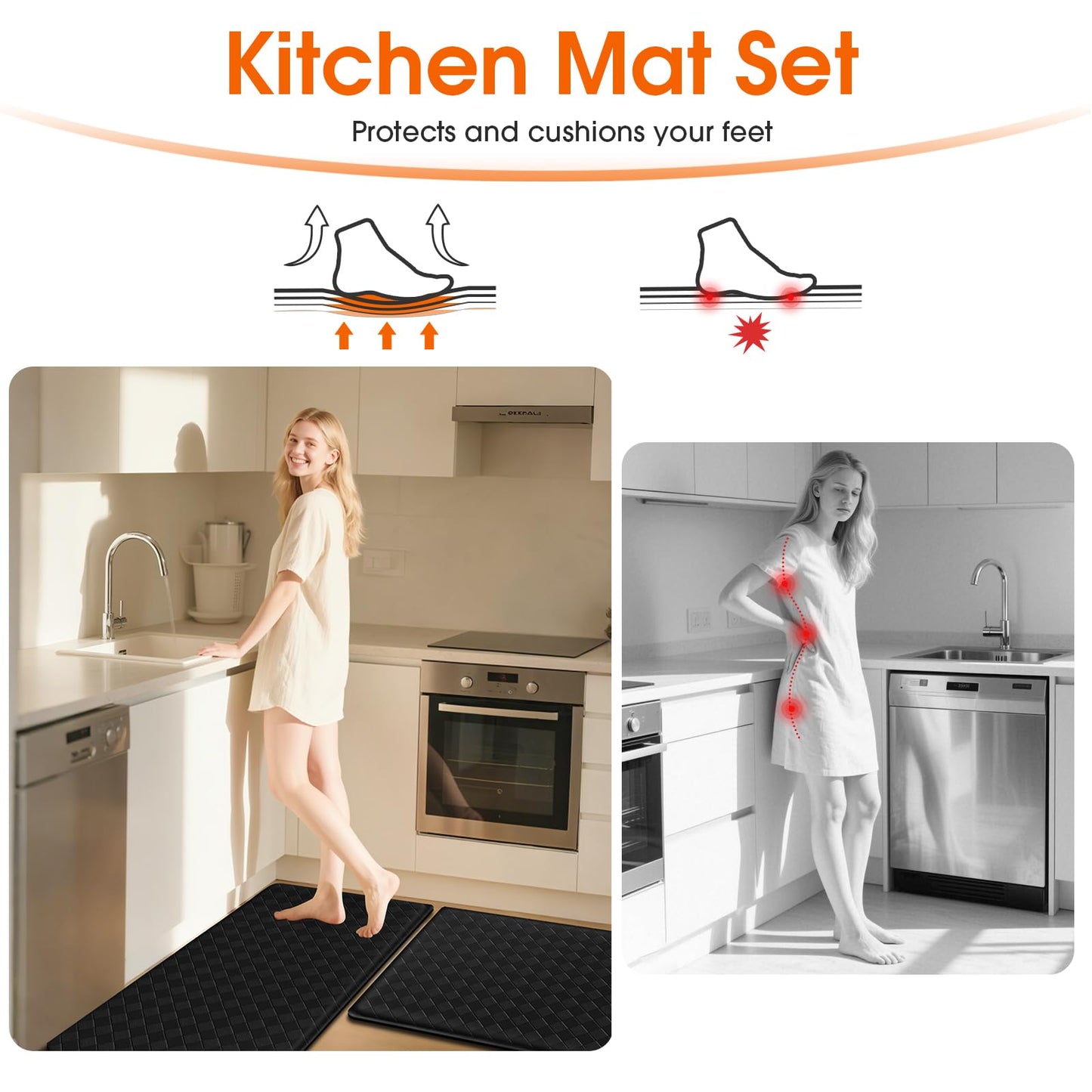 TranquilRelax 2-Piece Anti-Fatigue Kitchen Mats, Cushioned Non-Slip Waterproof Sink & Stove Floor Mats, Comfortable Standing Rug Set for Kitchen, Laundry & Entryway Black
