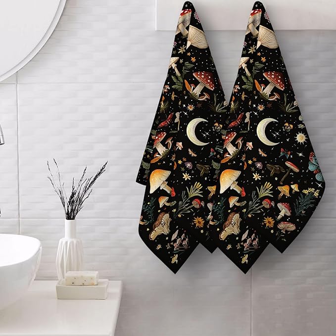 Mushroom Moth Hand Towels for Bathroom Set of 2, Witchy Gifts for Women, Absorbent Black Decorative Bath Towels for Spa Yoga Gym Sport Farmhouse Kitchen Mushroom Bathroom Decor 14"x28"