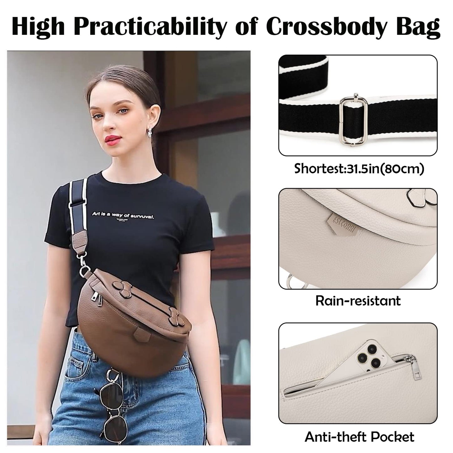 Eslcorri Crossbody Bags for Women - Fashion Sling Purse Shoulder Bag Fanny Pack Leather Casual Chest Bum Bag with Adjustable Wide Strap for Workout Traveling Running Shopping - off white
