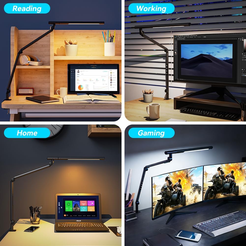 SANDROY VOLT Adjustable LED Desk Lamp Modern Black - Clamp Mount Office Table Light with Desktop Remote Control, Adjustable Brightness & Color Temperature, 5 Lighting Modes for Reading, Computer, DIY
