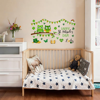 FOREVER QUEEN St. Patrick's Home Party Wall Decals -Shamrock Lucky Owl Stickers,Peel and Stick Removable Wall Art for Family Party Decor