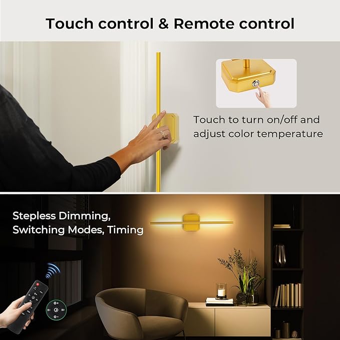 1 Pack 10000mAh Detachable Battery Operated Wall Sconce, 360°Rotate Wireless Wall Light,3000-6500K Dimmable, Rechargeable Wall Lamp for Bedroom, Living Room, 28.3 Inch Gold