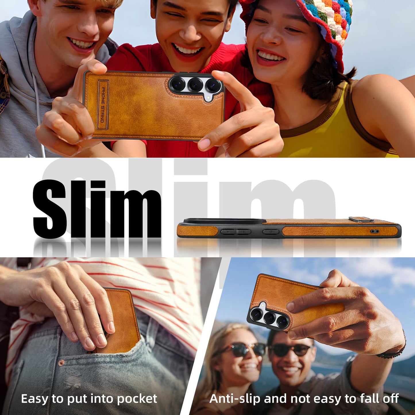 KSELF Leather Case with Stand for Samsung Galaxy S26 Case, Protective Soft Grip Luxury Cover for Men, Protective Slim Kickstand Shockproof Phone Cases Compatible with S26 6.3", Brown