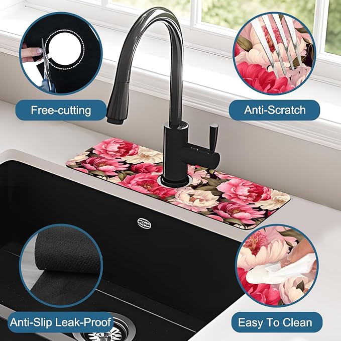 Garden Flowers Sink Splash Guard Faucet Mat Watercolor Peonies Super Absorbent
