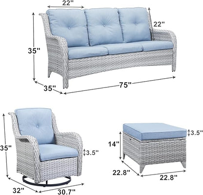 Rilyson Patio Furniture Swivel Chairs Set - 5 Piece Wicker Rattan Outdoor Sectional Conversation Sets with 2 Rocking Swivel Chairs,2 Ottomans and 1 Sofa for Porch Deck Garden(Light Grey/Sky Blue)