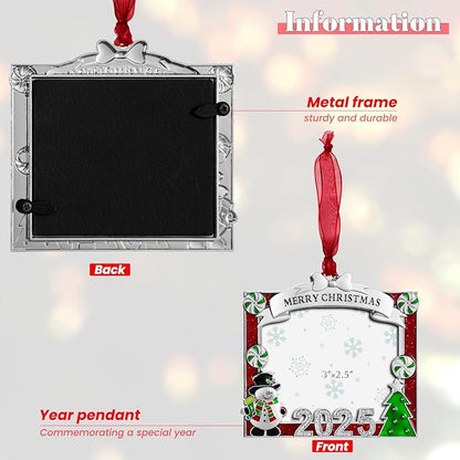 2025 Christmas Tree Ornament Picture Frame Ornament - Made of Zinc Alloy Glitter Powder Pendant 3x2.5 Inch Picture Frame for Pet and Baby Holiday Keepsake Gift (Snowman,Silvery)