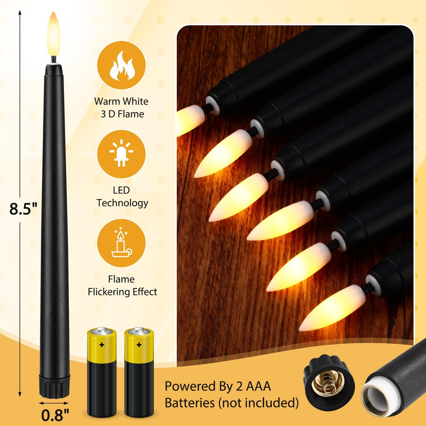 Baquler 50 Pcs Black Flameless Taper Candles 8.5 Inch, Battery Operated Taper Candles LED Warm 3D Wick Flickering Candlesticks for Church Wedding Home Decor Halloween Christmas Hanukkah New Year