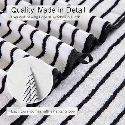 4 Pcs Black White Cabana Stripe Large Bath Towels 35"x70" Oversized Bath Sheet