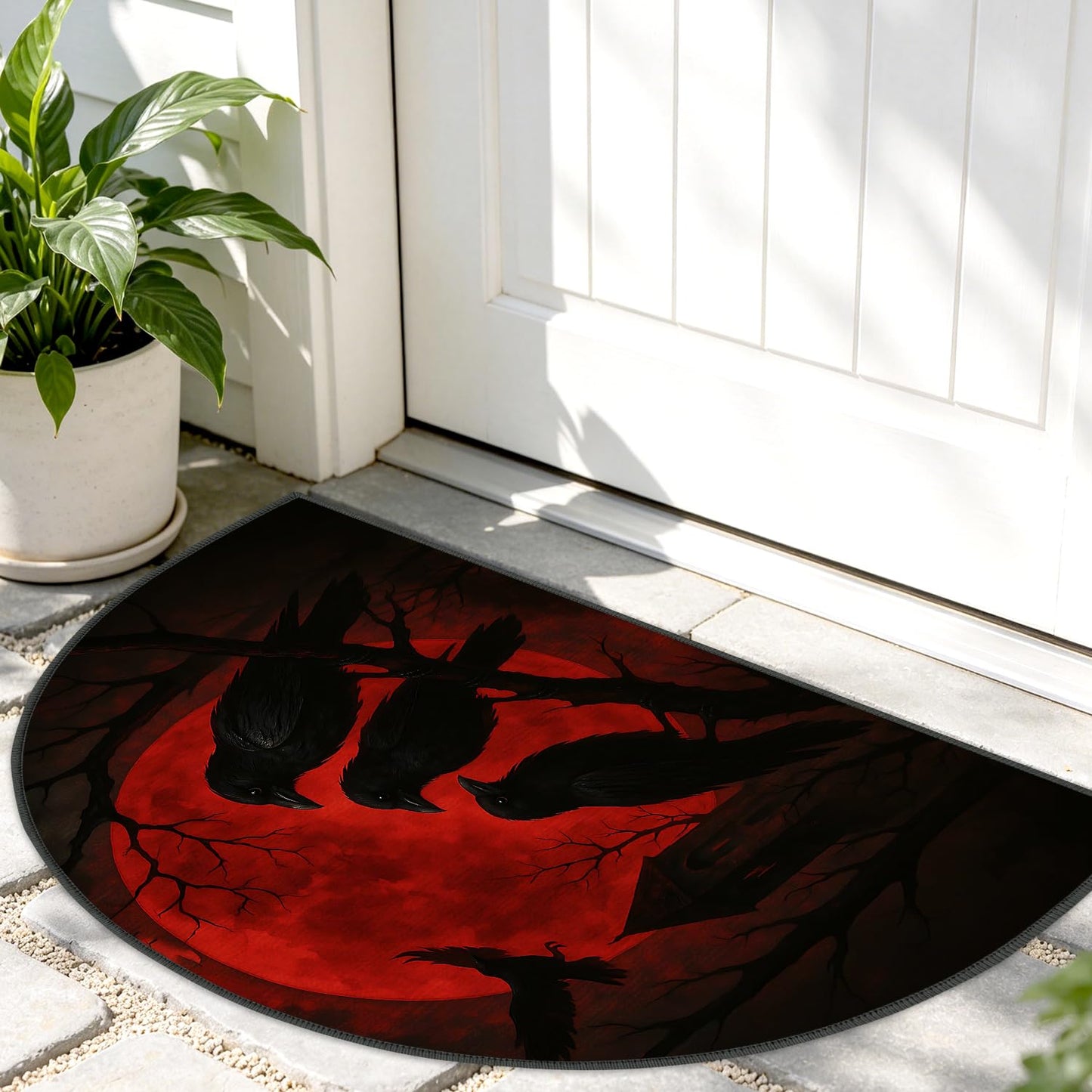 ANNA QUEEN Halloween Semicircular Entrance Door Mat 24" x 36", Gothic Raven Moon Indoor Outdoor Doormat, Non Slip Half Round Welcome Rug Low Profile for Front Door Entryway Porch Patio