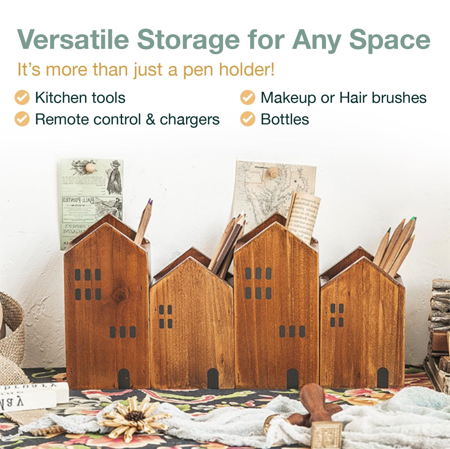 Woodaholic 4-piece Kids Wooden Study Desk Organizers - Whimsical Farmhouse Style Table Decor Storage Box for Teacher Supplies - Girls Room Pencil Holder for Desk - Art & Stationery Supplies Organizer