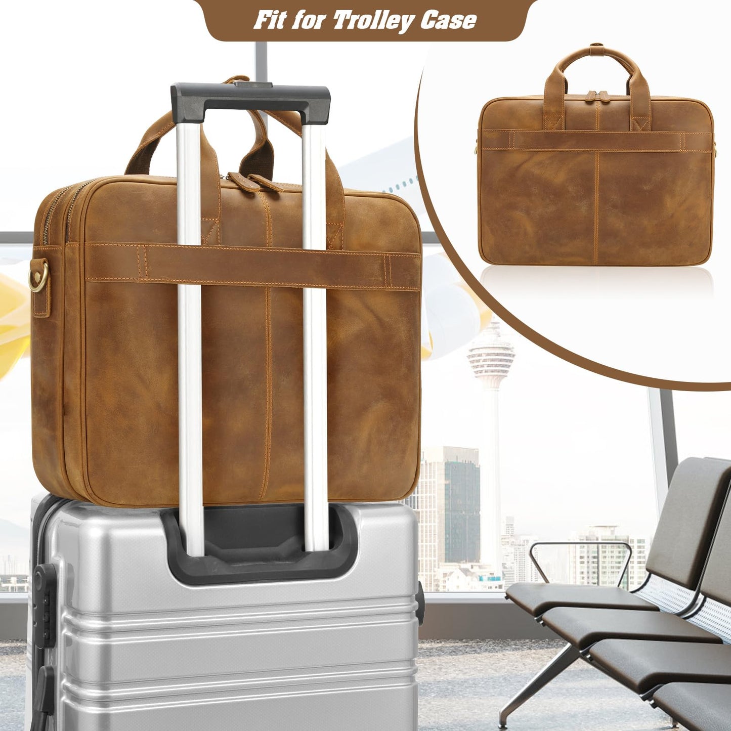 Jack&Chris Full Grain Leather Briefcase for Men,Business Messenger Bag Fits 15.6" Laptop, Vintage Business Messenger Bag with Adjustable Strap, Durable Briefcase with Travel Luggage Strap