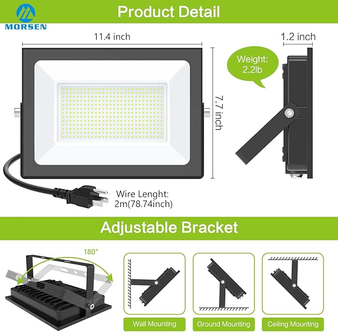 MORSEN LED Flood Light Outdoor 200W 30000 Lumens Work Light with Plug 6500K Outside Portable Exteriores Security Floodlights for Yard Garage Garden Lawn IP66 Waterproof Flood Light 2 Pack