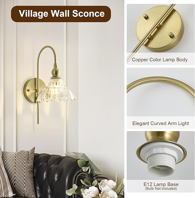 Vintage Wall Sconces with Clear Flower Glass Lampshade, Indoor Bath-Room Wall Sconce, Modern Gold Industrial Lighting Fixture for Mirror Living Room Hallway 2 Pack