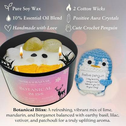 Moira's Bazaar Winter's Joy Gift Set – 16 Oz 50 Hr Scented Candle with Crystals & a Crochet Positive Penguin | Christmas, Holiday, or Motivational Gift, Artisanal Luxury Fragrances (Botanical Bliss)