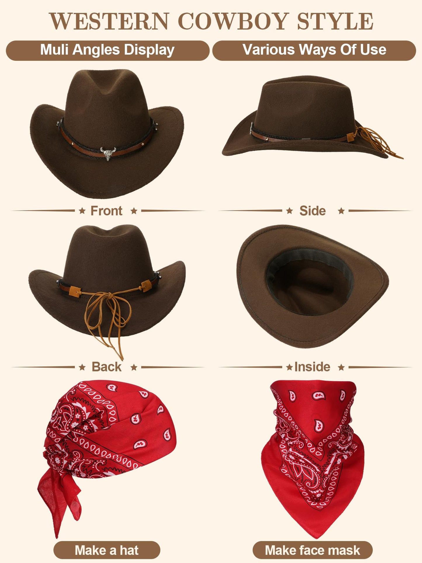 Toulite 4 Pcs Western Cowboy Accessories for Men Cowboy Hat Leather Rodeo Leather Necktie Cow Horn Belt Buckle Paisley Bandana for Western Outfit Halloween Cosplay