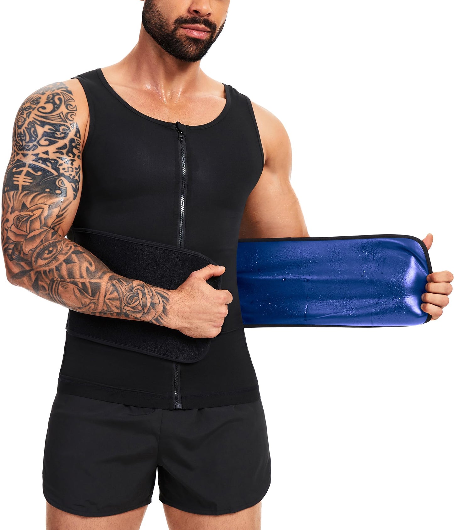 FUXERT Sauna Vest for Men Waist Trainer Sauna Shirt for Men Zipper Sweat Belt Tank Top for Belly Fat(BK L/XL)