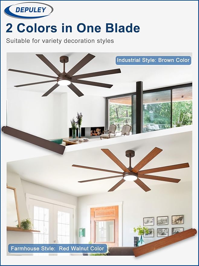 Depuley 72" Ceiling Fans with Lights: Large Indoor/Outdoor Ceiling Fan for Patios Living Room - 8 Blades Brown Dimmable Ceiling Fans with Remote APP Control Timer Reversible Quiet DC Motor 6 Speeds