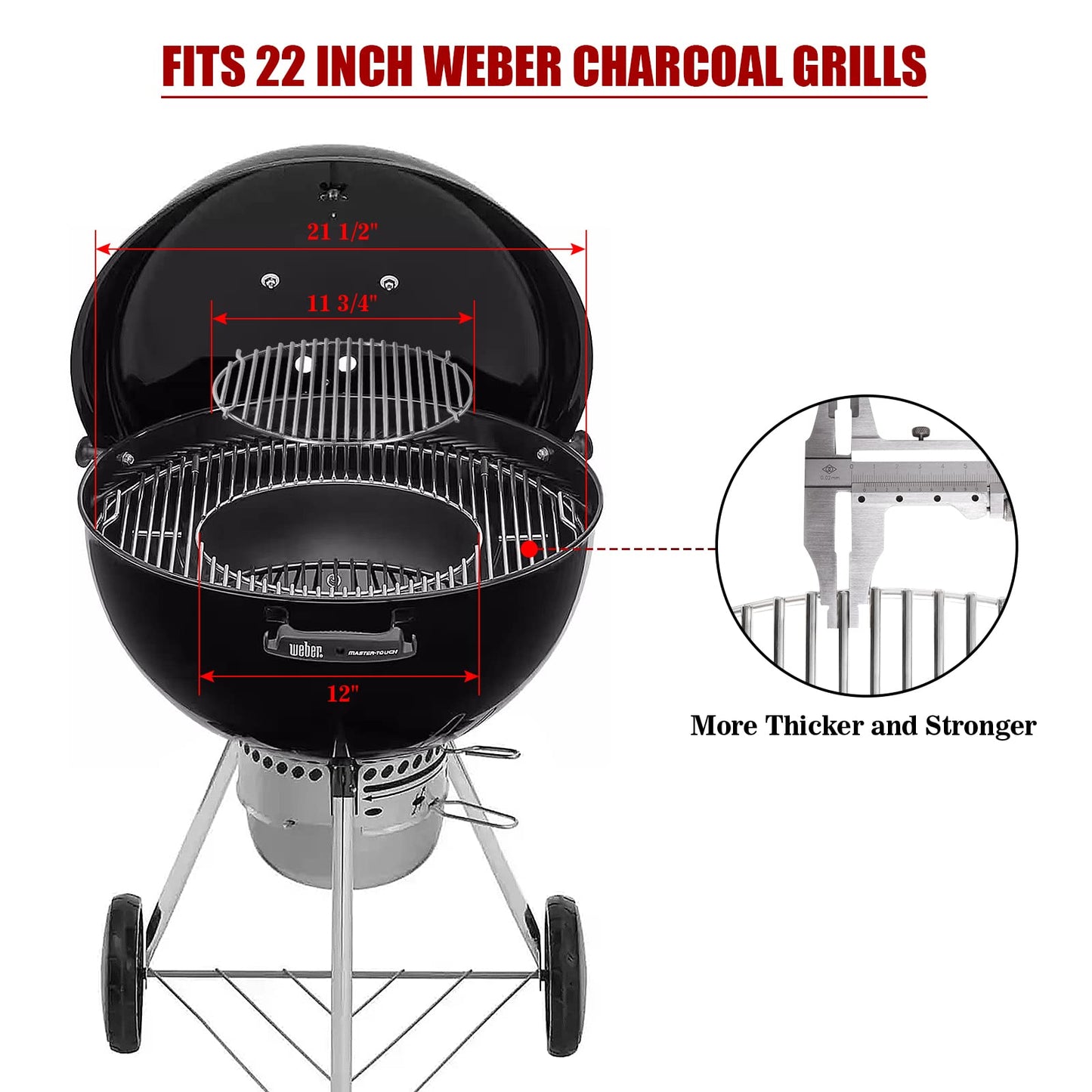 Stainless Steel Hinged Cooking Grate Replacement Gourmet BBQ System for Weber 22in Kettle Charcoal Grills with Cast Iron Grate Lifter,21.5 Grill Grate Works on Weber 8835,Recteq Bullseye,Barrel Grills