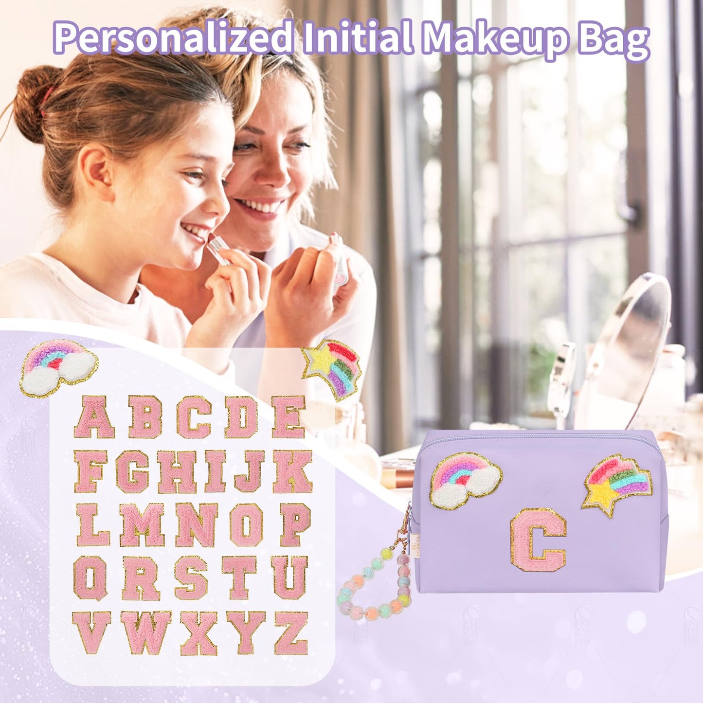 Initial Makeup Bag for Girls, Cute Makeup Bag Small Cosmetic Bag Travel Make Up Organizer Pouch, Birthday Gifts for Girls 4 5 6 7 8 9 10 11 12 13 14 15 Years Old, Teen Girls Gifts Trendy Stuff