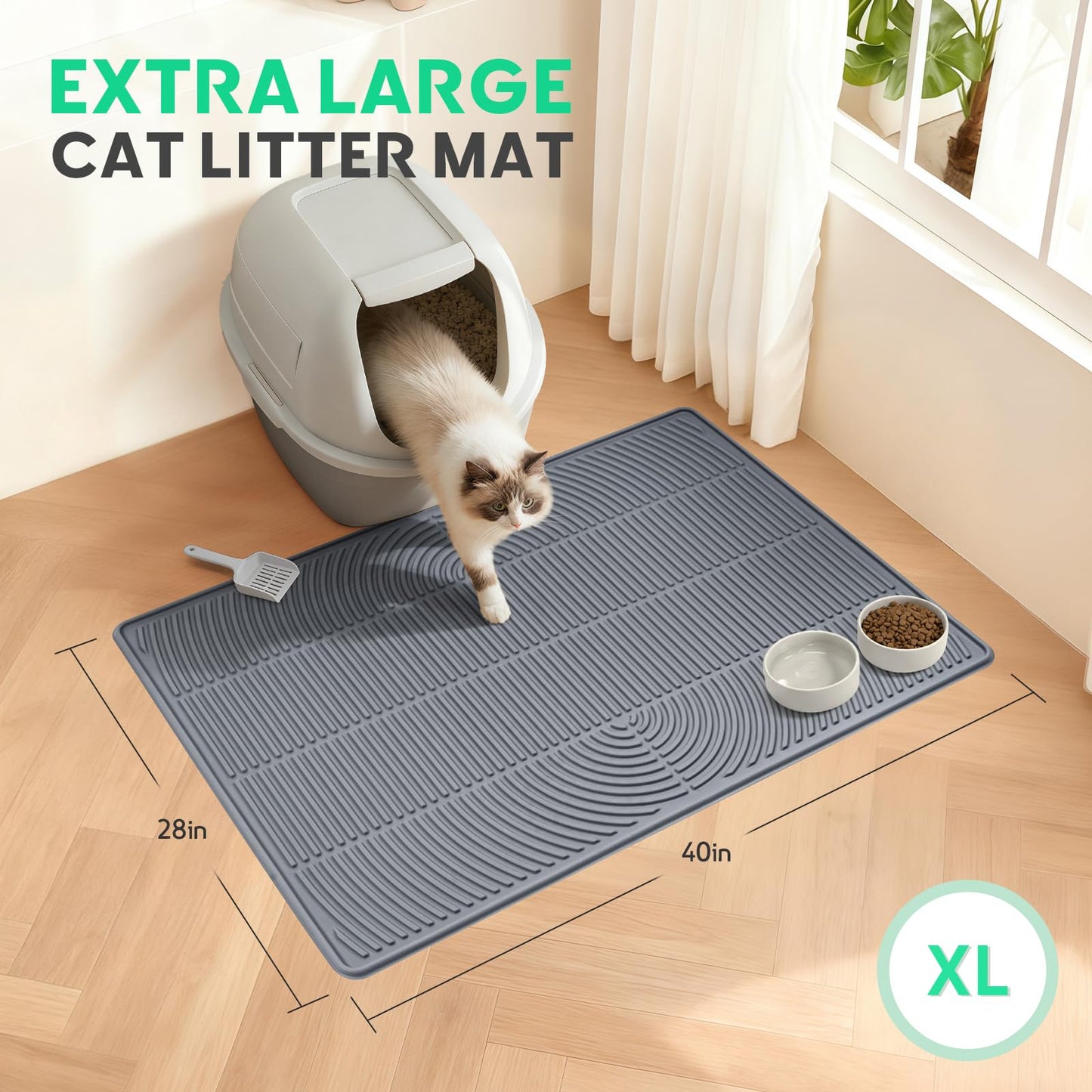 Pawtasy Cat Litter Box Mat,40" x 28" Extra Large Silicone Waterproof Litter Trapping Mat for Scatter Control Soft on Kitty Paws Non-Slip Easy to Clean