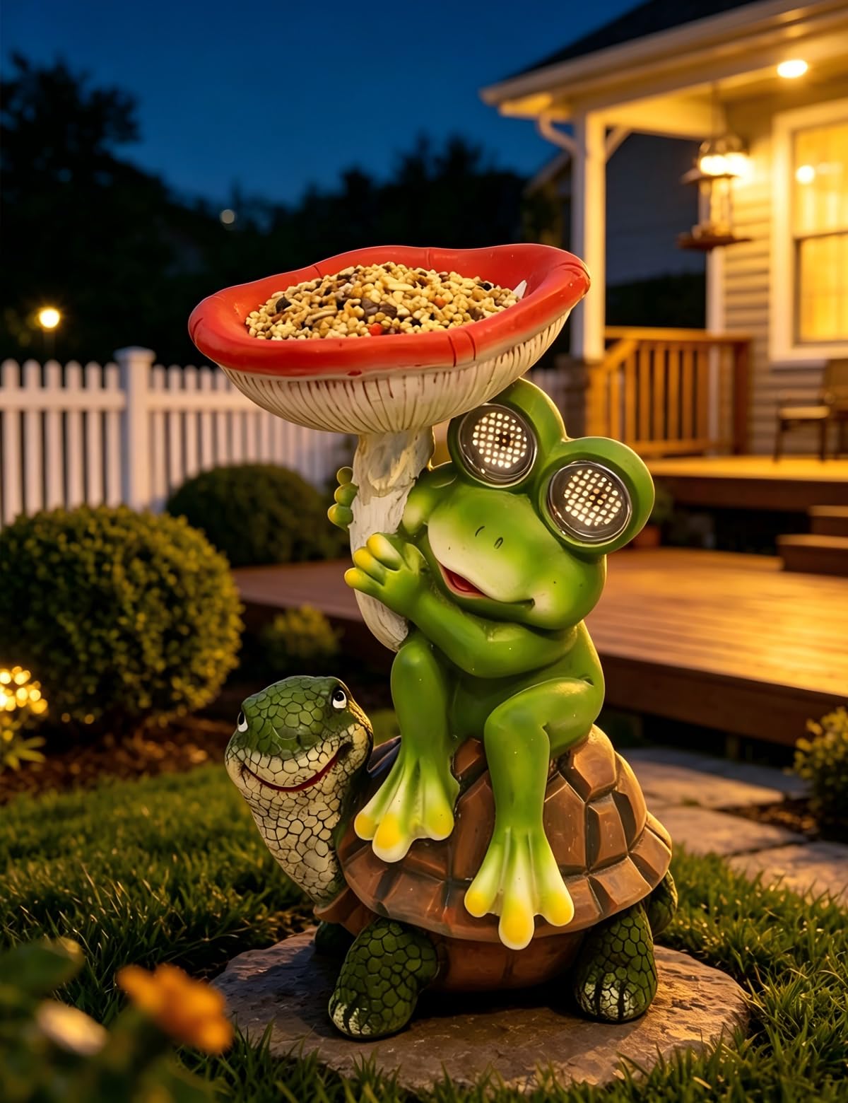 Funny Solar Garden Statues 10'' Frog Turtle with Mushroom Bird Feeder and Eyes LED Lights - Lawn Decor Outdoor Statues for Patio Balcony Yard Ornament - Unique Gardening Gifts for Women Grandma Mom.