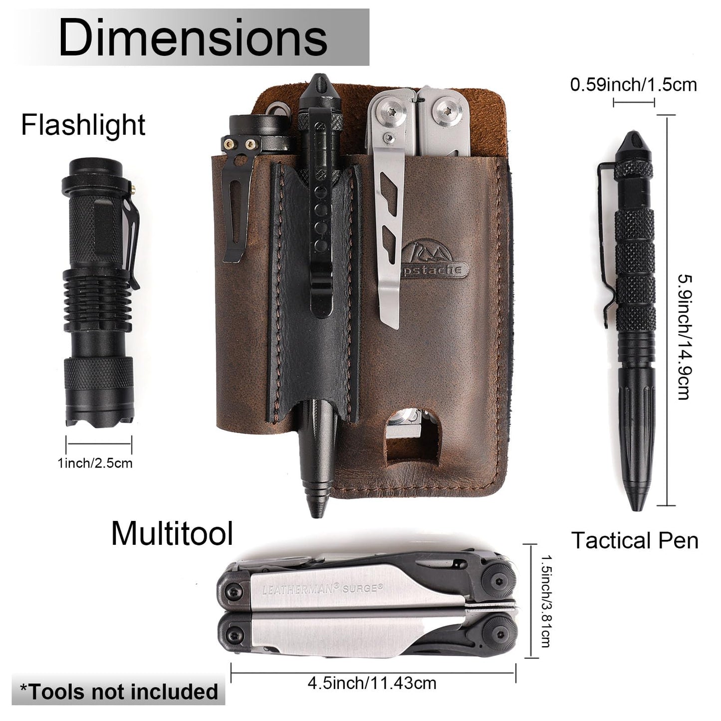 Topstache Leather Multitool Sheath with Belt Clip - Multi Tool Holster for Belt - EDC Belt Organizer Fits Multitool, Flashlight, Pen - Leather EDC Pouch, DarkBrown