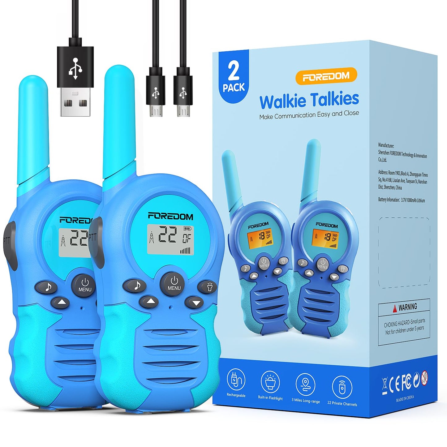 FOREDOM Rechargeable Walkie Talkies for Kids Walkie Talkies Long Range for Boy & Girl Age 3 to 12 Year Old Birthday Toys - 2 Pack