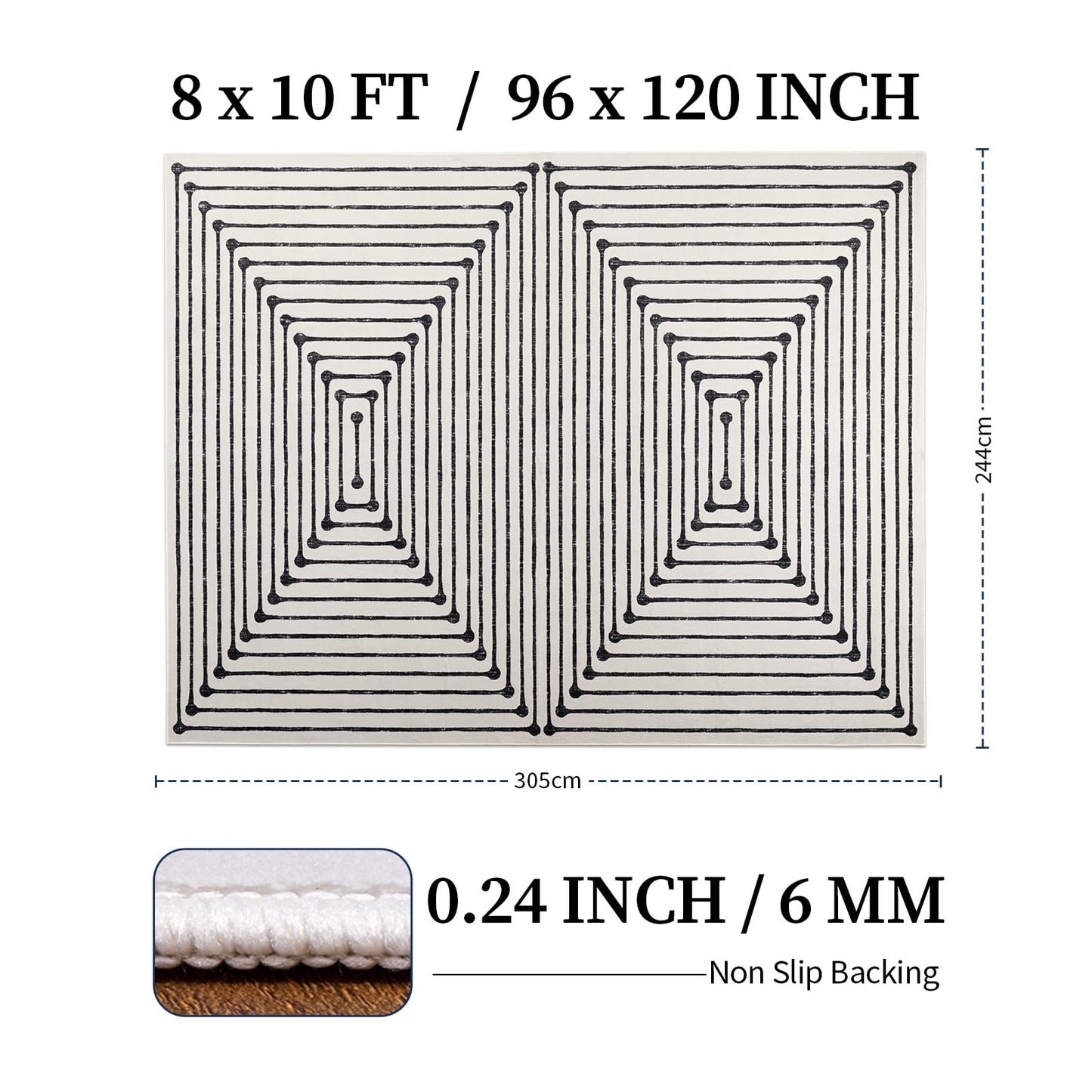 YIHOUSE Washable 8x10 Area Rugs for Living Room, Black and White Striped Rug for Bedroom Non Slip Low Pile, Large Modern Geometric Carpet for Playroom Dining Room Home Office Decor