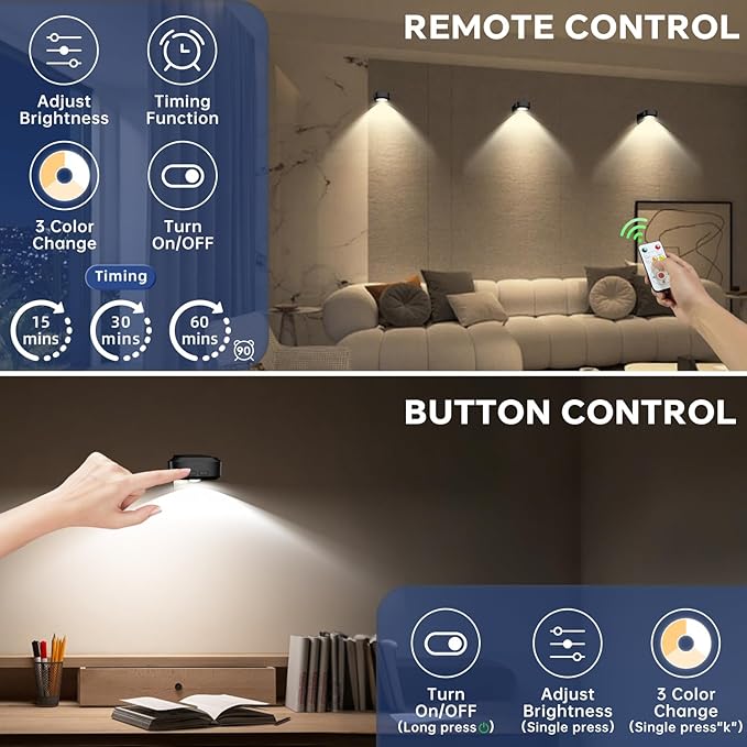 Lightbiz Picture Light 3 Pcs, Rechargeable Battery Operated Picture Lights for Wall, Magnetic Wall Lights with 3 Color Temps, Remote Dimmable Timer Poster Lights for Art Display, Frame