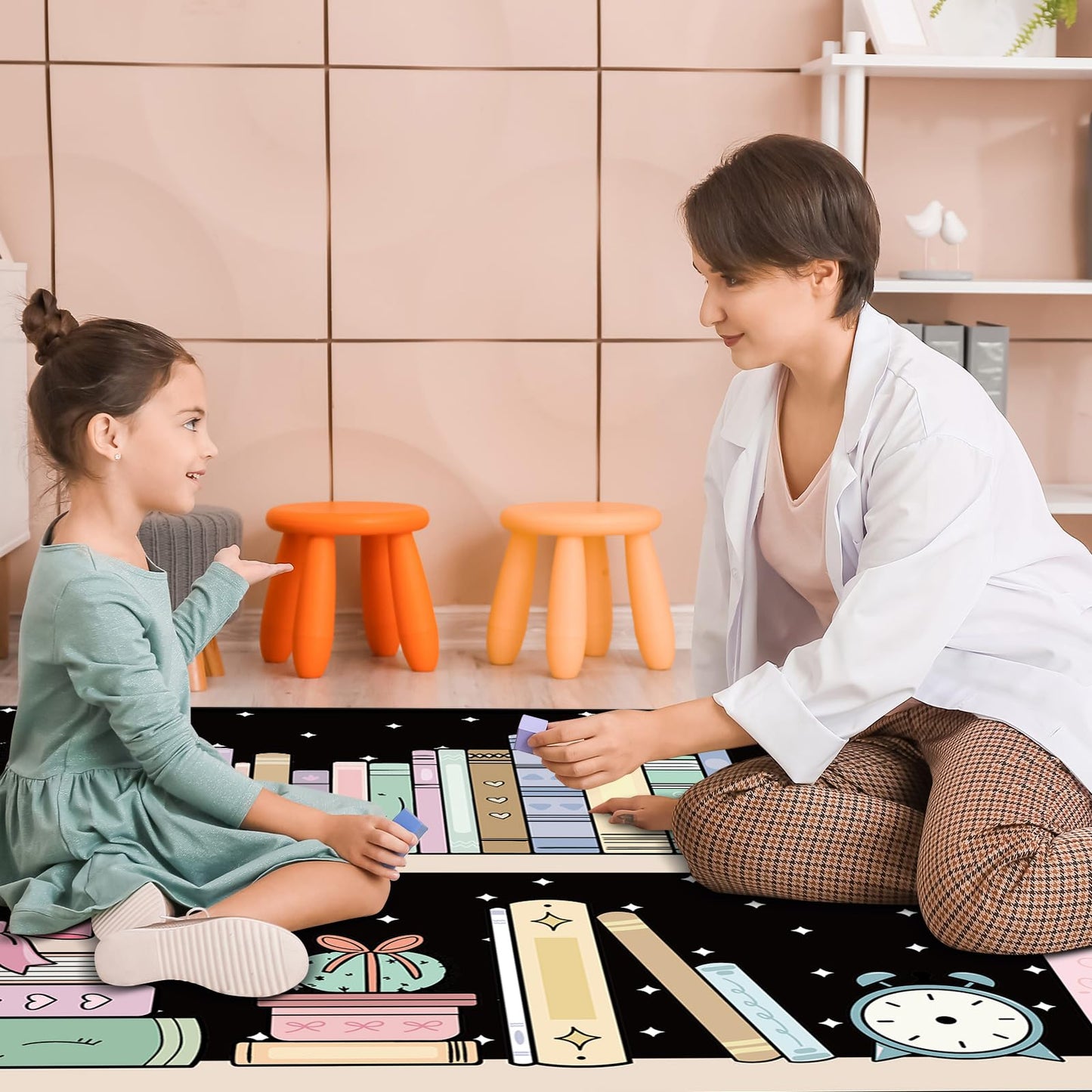 Klyyo Clyro Bookshelf with Dots Rug 5' x 7.6' Pastel Classroom Rug Non Slip Washable Large Educational Carpets for Classroom Nursery Library Playroom Bedroom Reading Decor