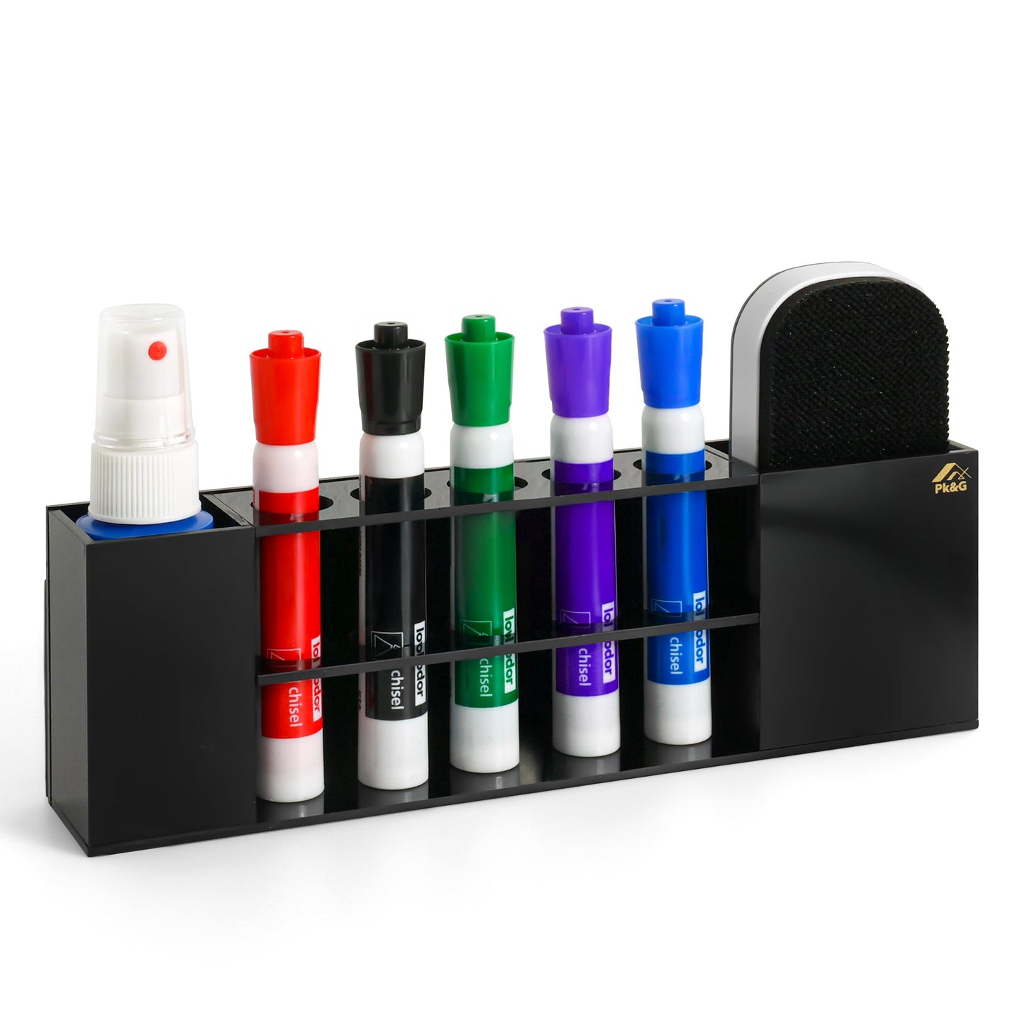 Slim Magnetic Dry Erase Marker Holder for Whiteboard, Space Saving Pen Organizer with Glass and Wall Mount Accessories for Fridge, Office, and School. Markers, Eraser, Cleaner Not Included (Black)