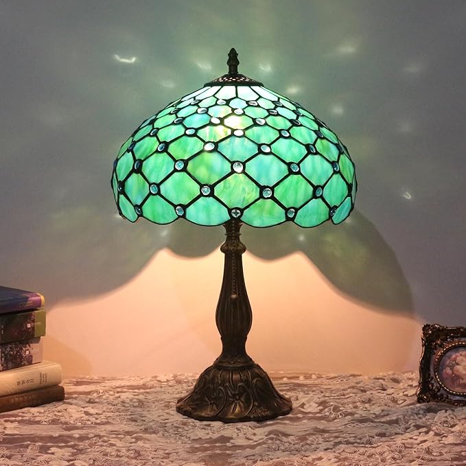 Stained Glass Tiffany Table Lamp, 12 Inch Bedside Reading Light for Bedroom, Living Room, Home Office(Sea Blue Pearl Style)