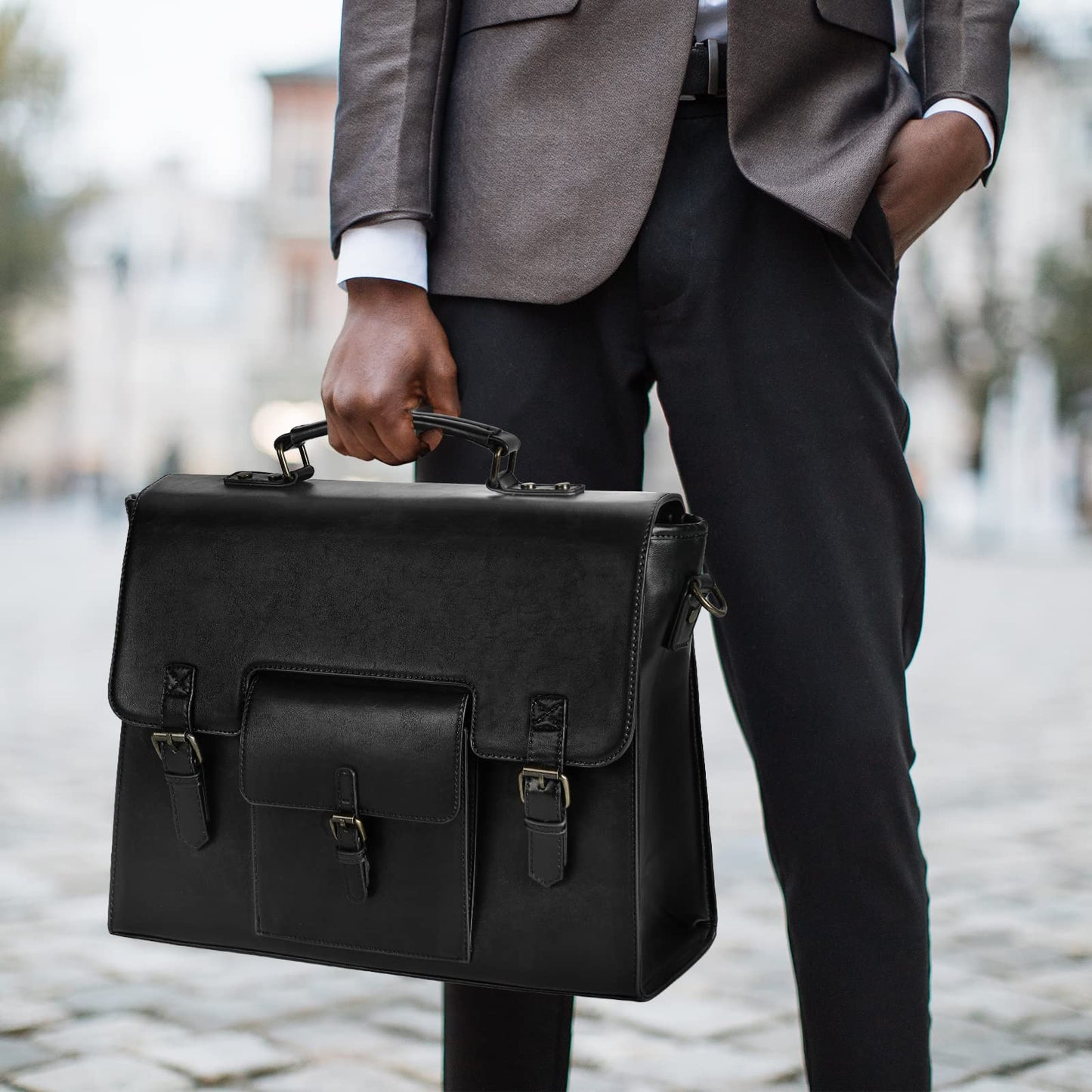 Leather Messenger Bag for Men Women 15.6 Inch Waterproof Vintage Leather Laptop Briefcase Large Satchel Shoulder Bag Office Travel College Computer Laptop Bag, Black