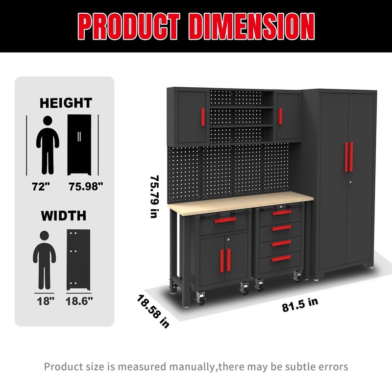 Torin Garage Storage Cabinets System, 6-Pcs Workshop Cabinet Set in Black, Included Steel Cabinets Drawers Rolling Chest and Pegboard,Locked Garage Storage Cabinet