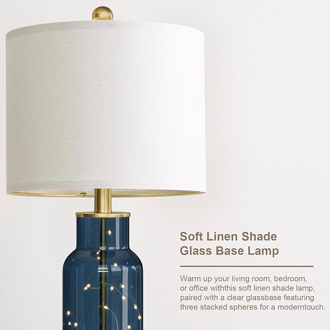 Oneach 22" Glass Table Lamps Set of 2, Blue Modern Bedside Lamp with LED Night Light for Living Room, Nightstand Lamp with USB Ports for Bedrooms, Study Room, End Table(2 Bulbs Included)