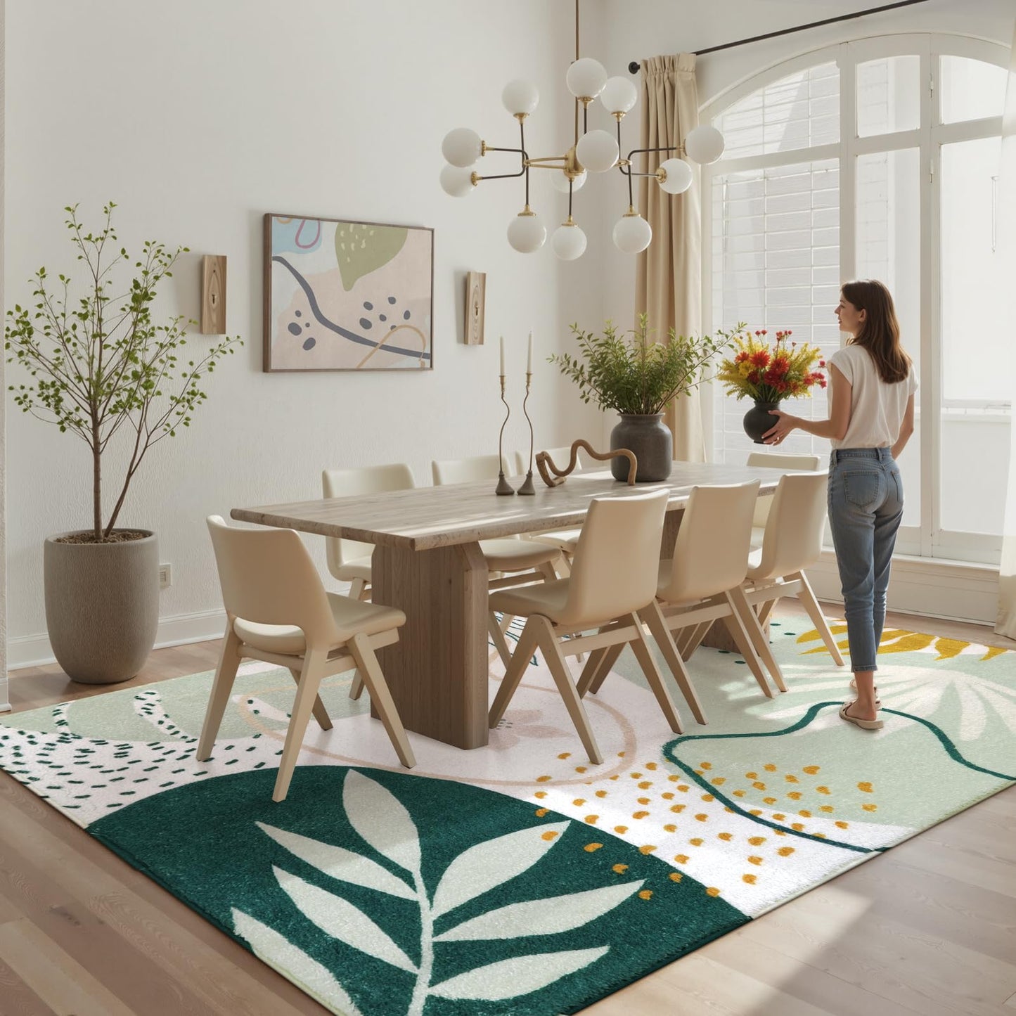 Lahome Green Washable Rugs 9x12 Living Room Rug, Non-Slip Backing Lightweight Extra Large Area Rug Ultra-Thin Throw Rus for Dining Room Table, Boho Botanical Print Soft Rug for Bedroom Classroom Home