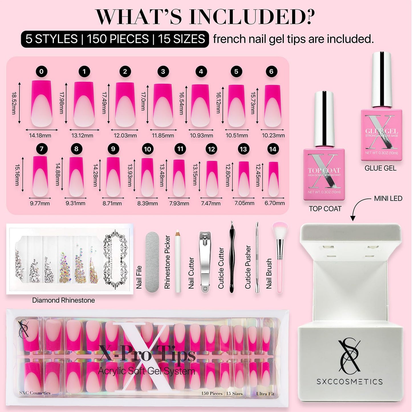 SXC Cosmetics French Tip Press On Nails - Skin Tone Nude and Color Series, Short Coffin X-Pro Tips Starter Kit ST119KIT