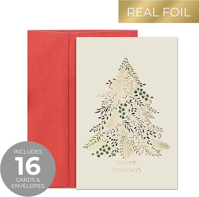 Masterpiece Gilded Greenery Christmas Card Set / 16 Boxed Winter Holiday Cards with Shiny Gold Foil and Coordinating Red Envelopes / 4" x 6" Folded Christmas Tree Greeting Cards with Inside Verse