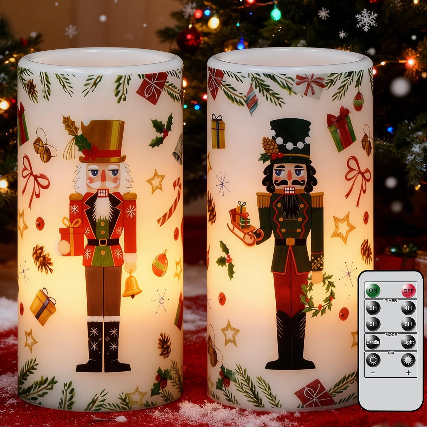 Lasumora Christmas Nutcracker Flameless Pillar Candles with Remote Timer, LED Candles in Real Wax Holder, Battery Operated Candle for Christmas Décor Indoor Xmas Gifts(2 Pack, 3” x 6”)
